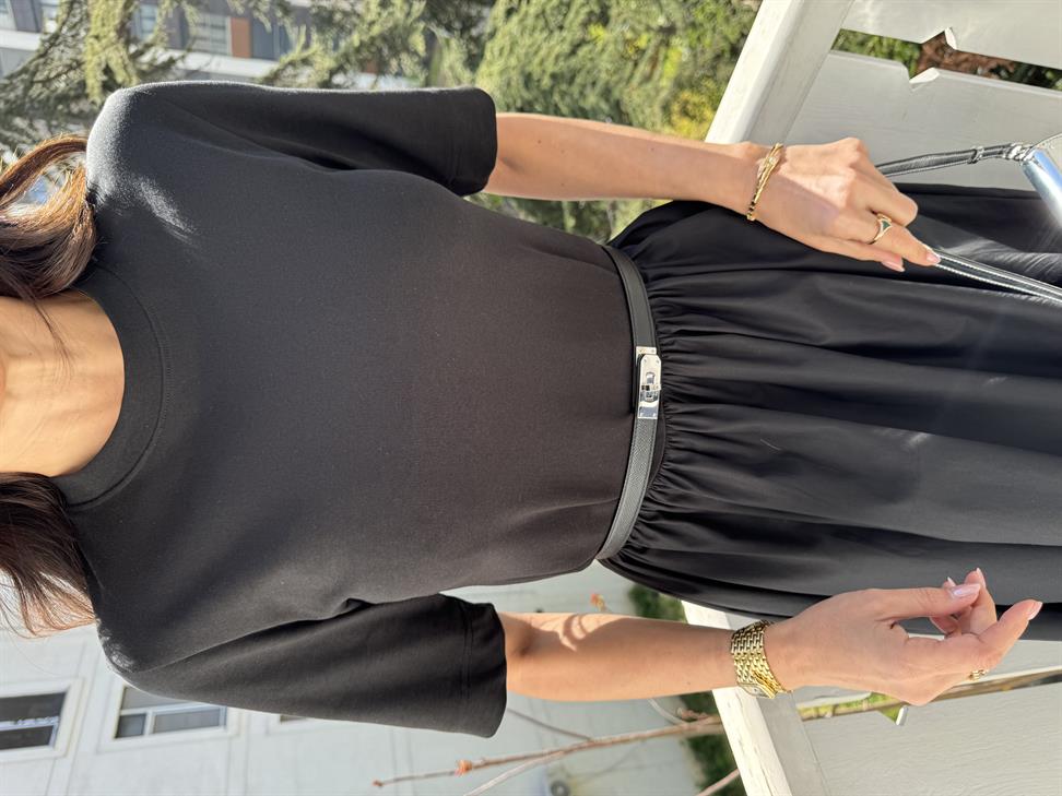 Siyah Kısa Kollu Poplin Midi Elbise