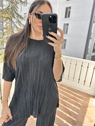 Siyah Kısa Kollu Salaş Kadın Takım