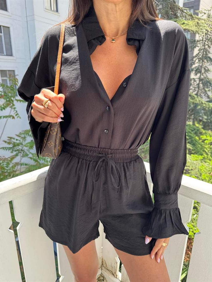 Siyah Kol Fırfırlı Gömlek Şort İkili Takım