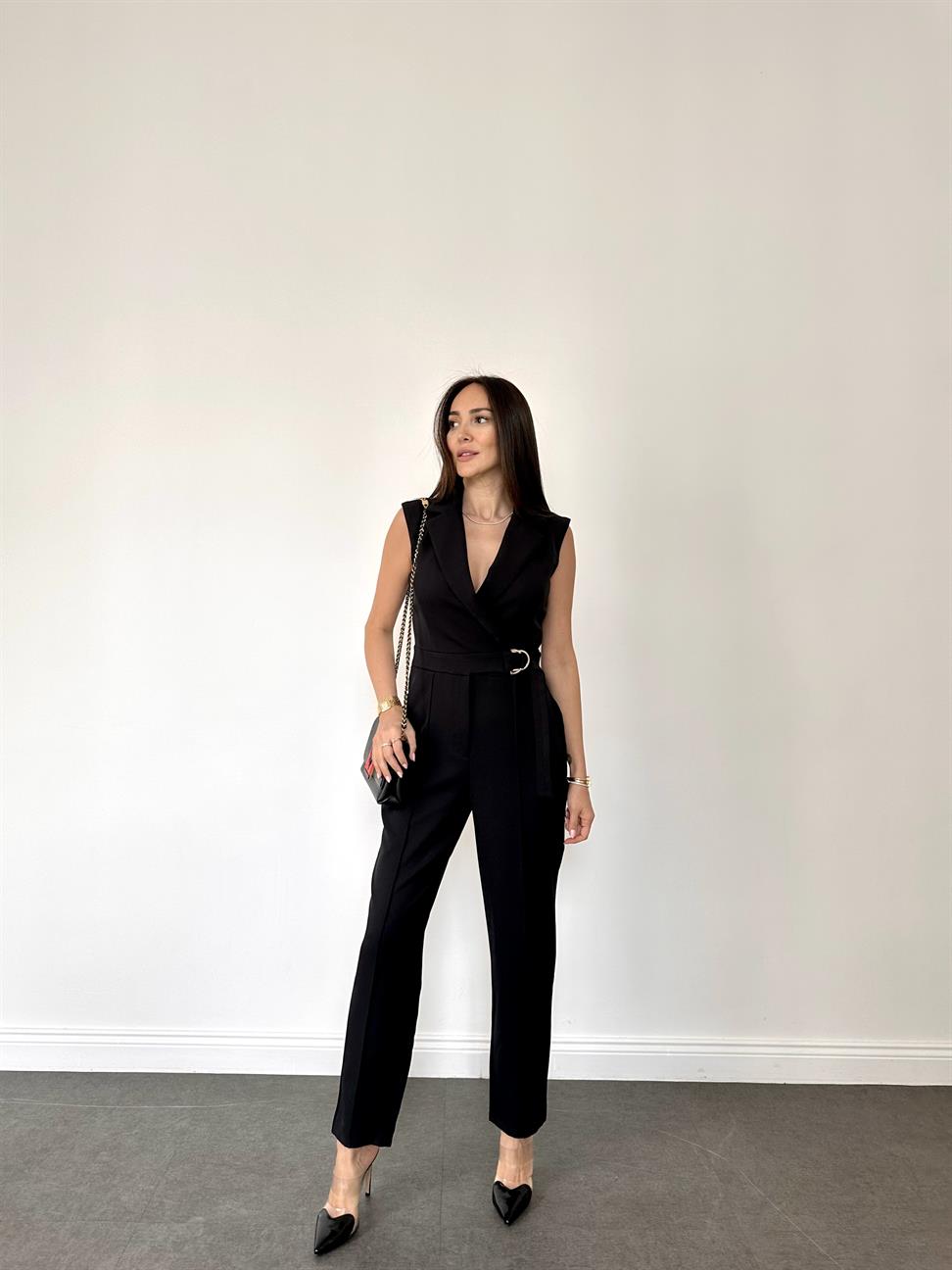 Siyah Kolsuz Kruvaze Kesimli Tulum