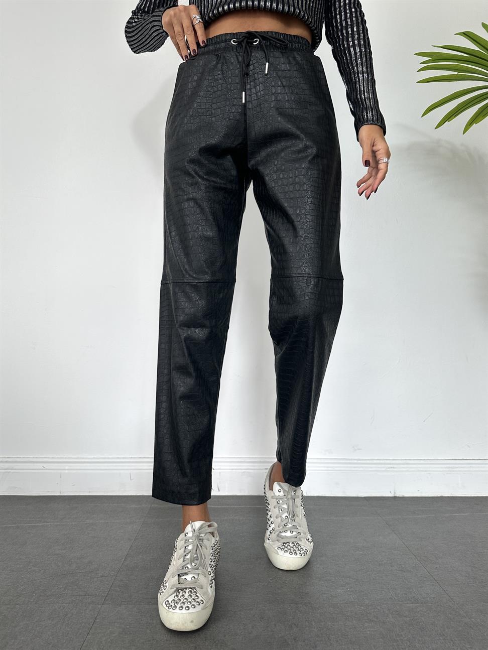 Siyah Krokodil Çimalı Deri Pantolon