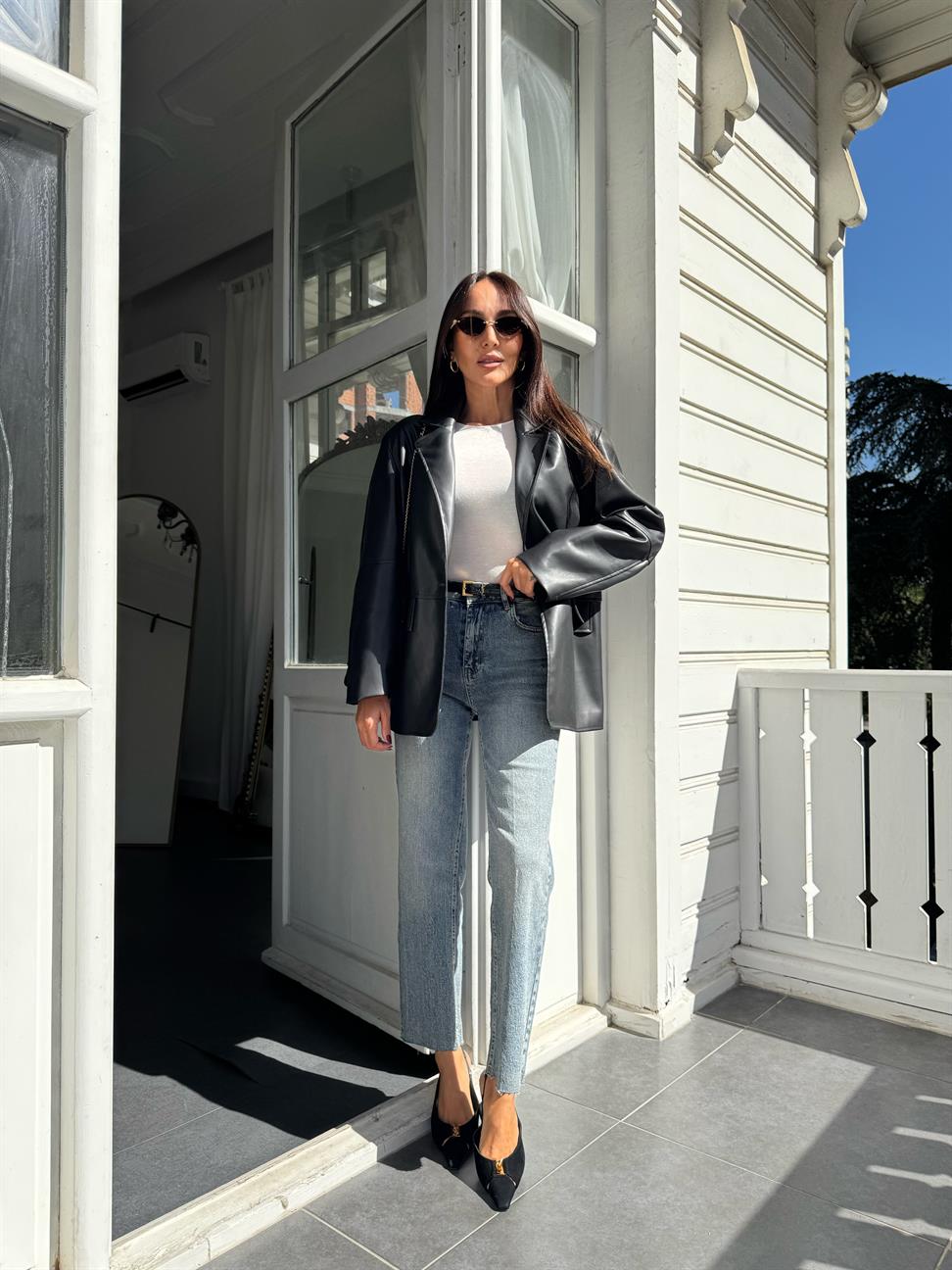 Siyah Tek Düğmeli Deri Blazer Ceket