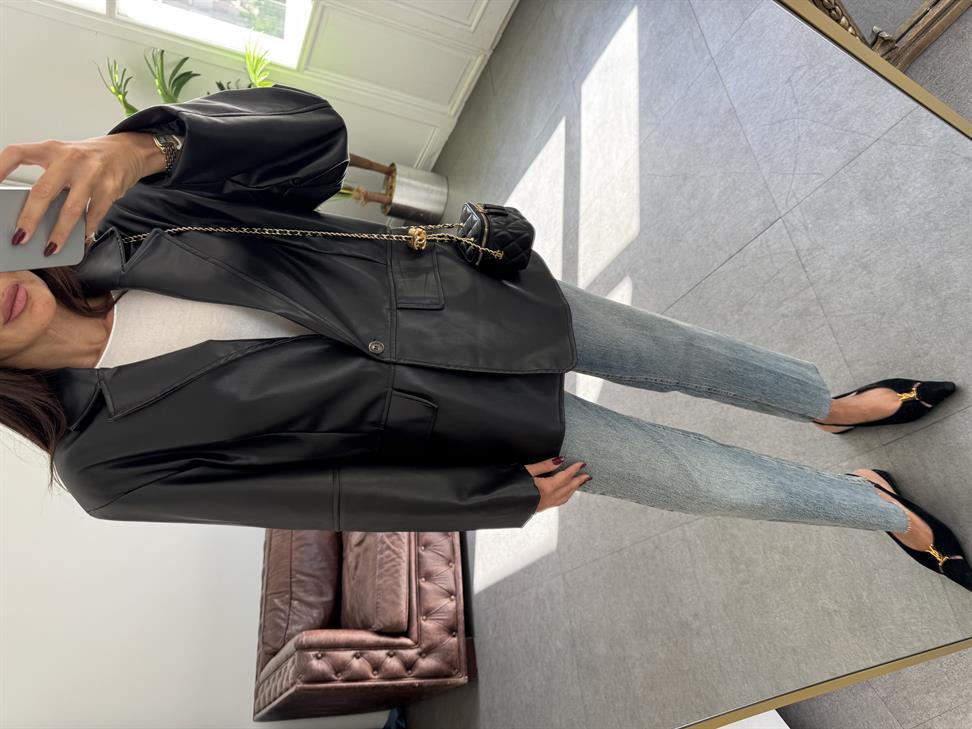 Siyah Tek Düğmeli Deri Blazer Ceket