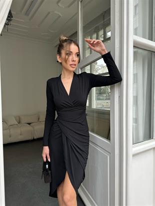 Siyah Kruvaze Yaka Drapeli Kadın Elbise