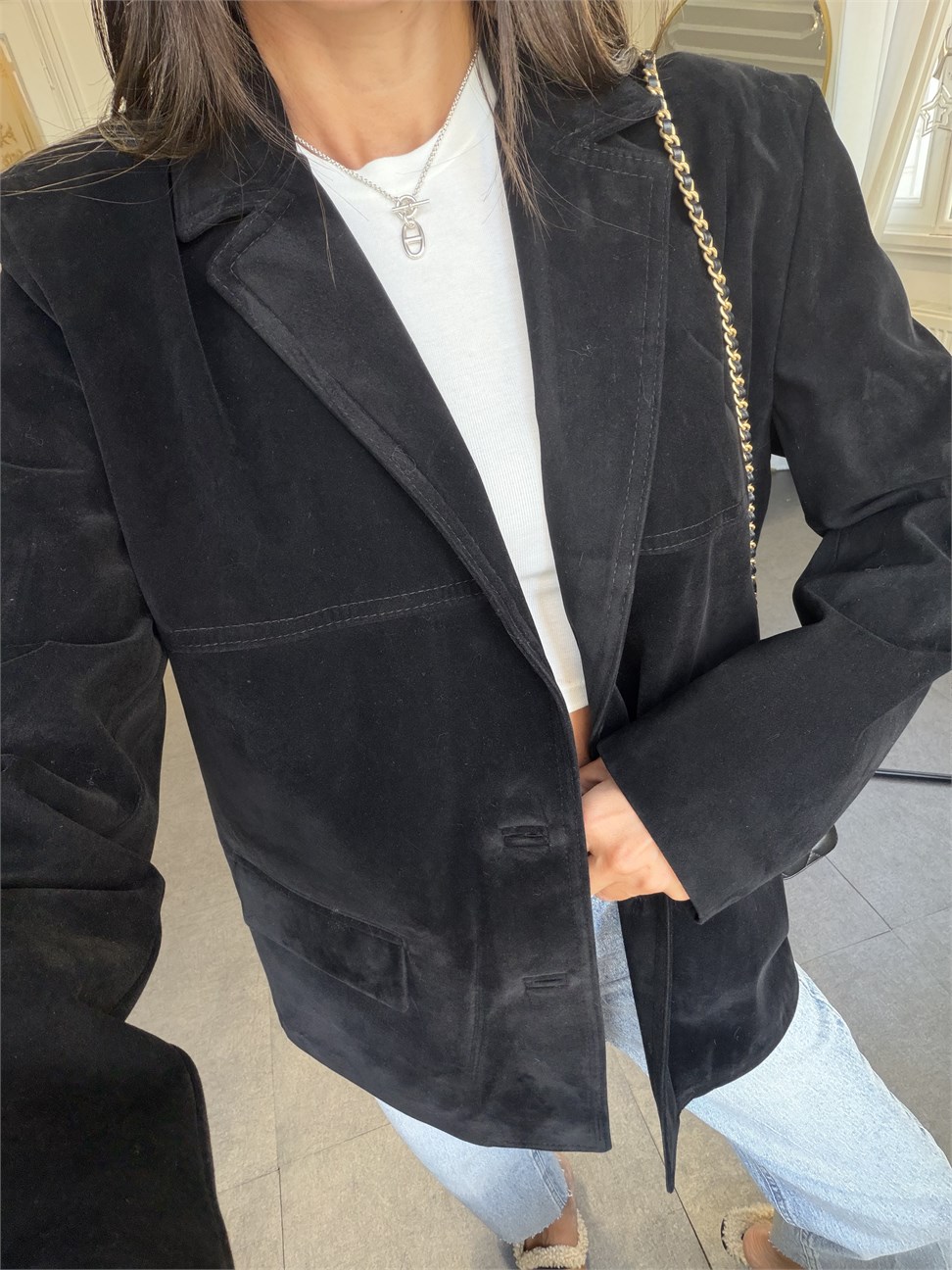 Siyah Kuşaklı Süet Blazer Ceket