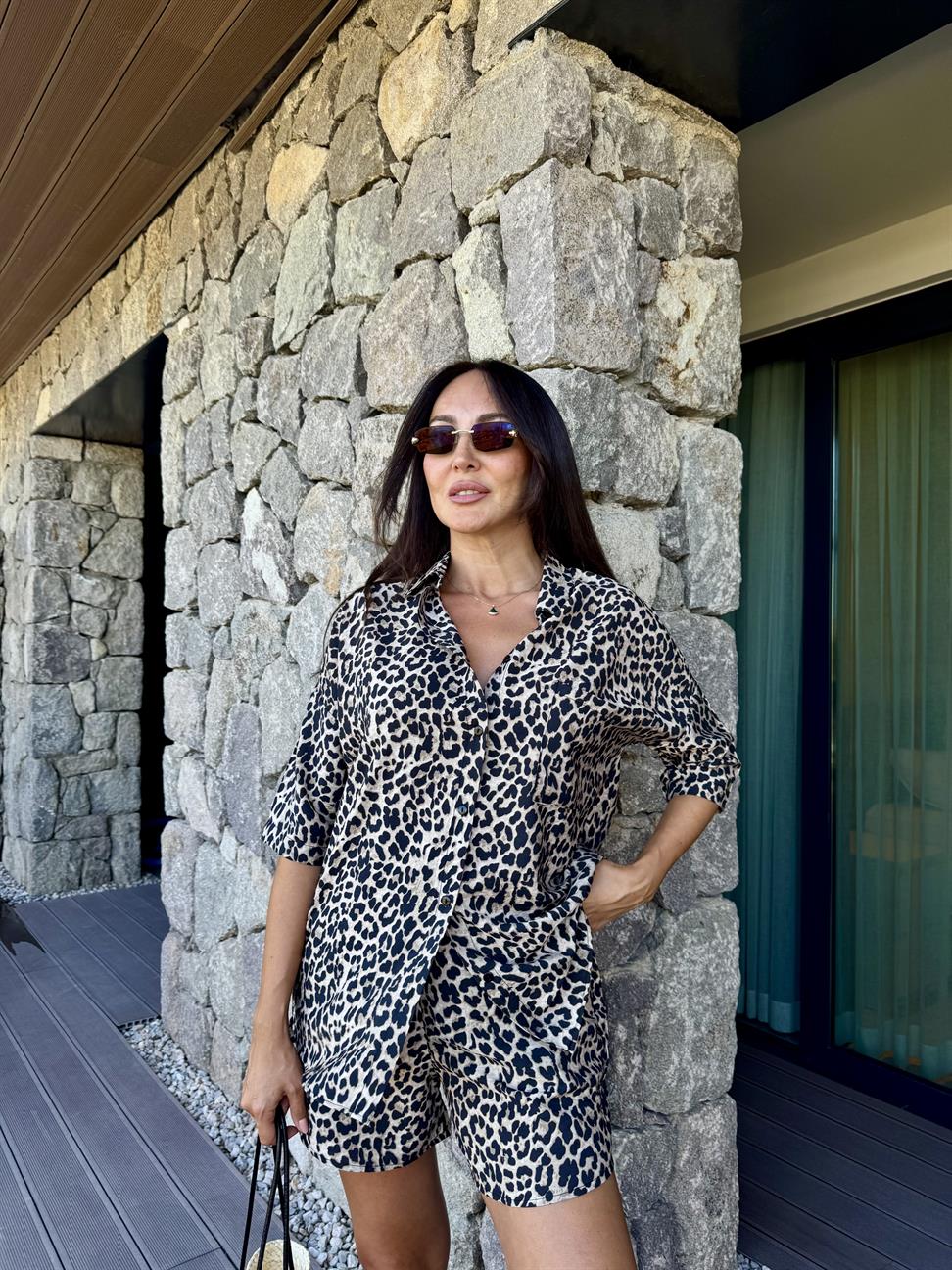 Siyah Leopar Desen Şortlu Takım