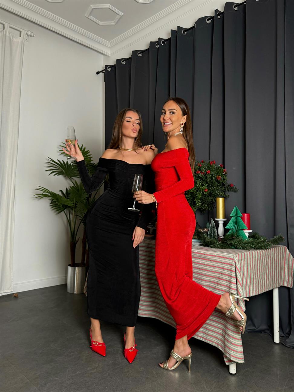 Siyah Madonna Yaka Önden Drapeli Elbise