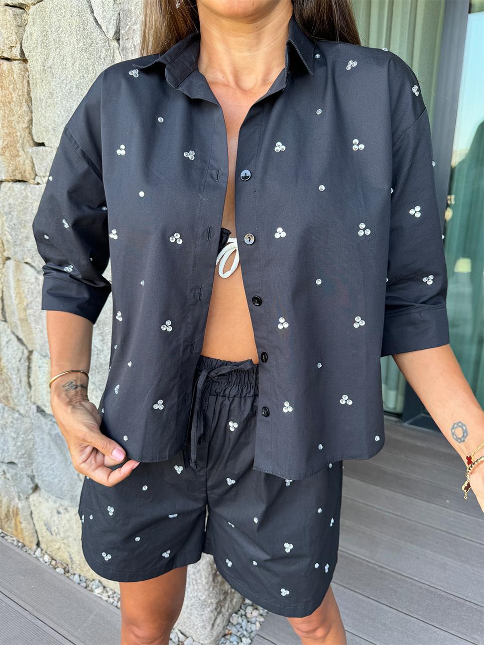 Siyah Mini Taş İşleme Şortlu Takım