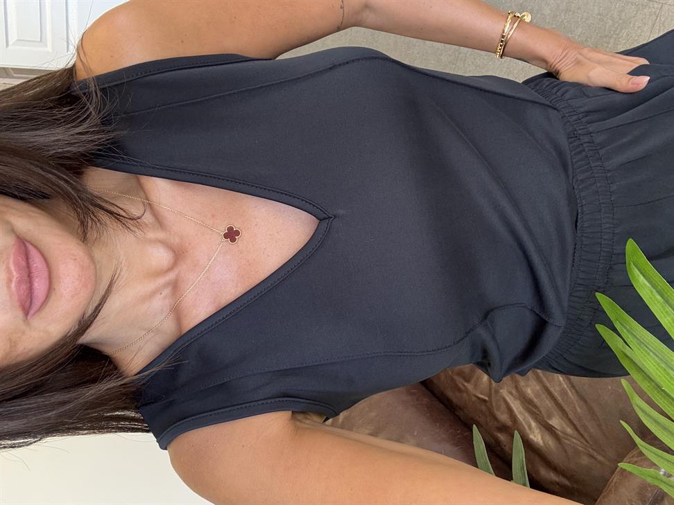 Siyah Modal Kumaş Kolsuz Bluz Pantolon Takım