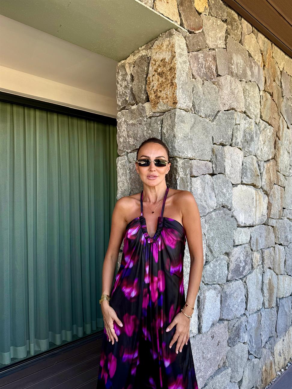 Siyah Mor Desenli Maxi Elbise