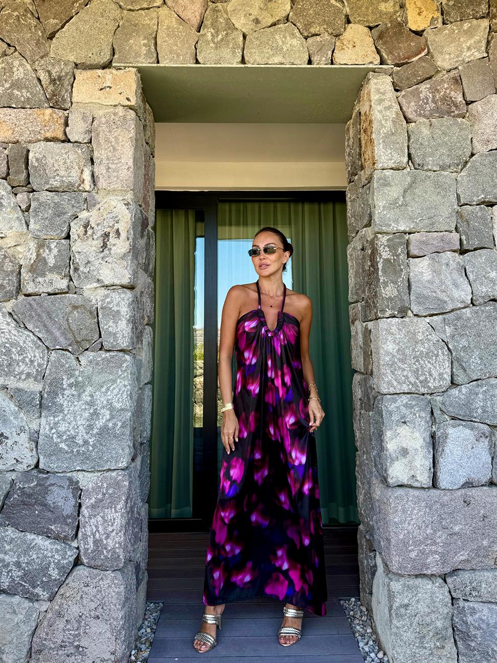 Siyah Mor Desenli Maxi Elbise