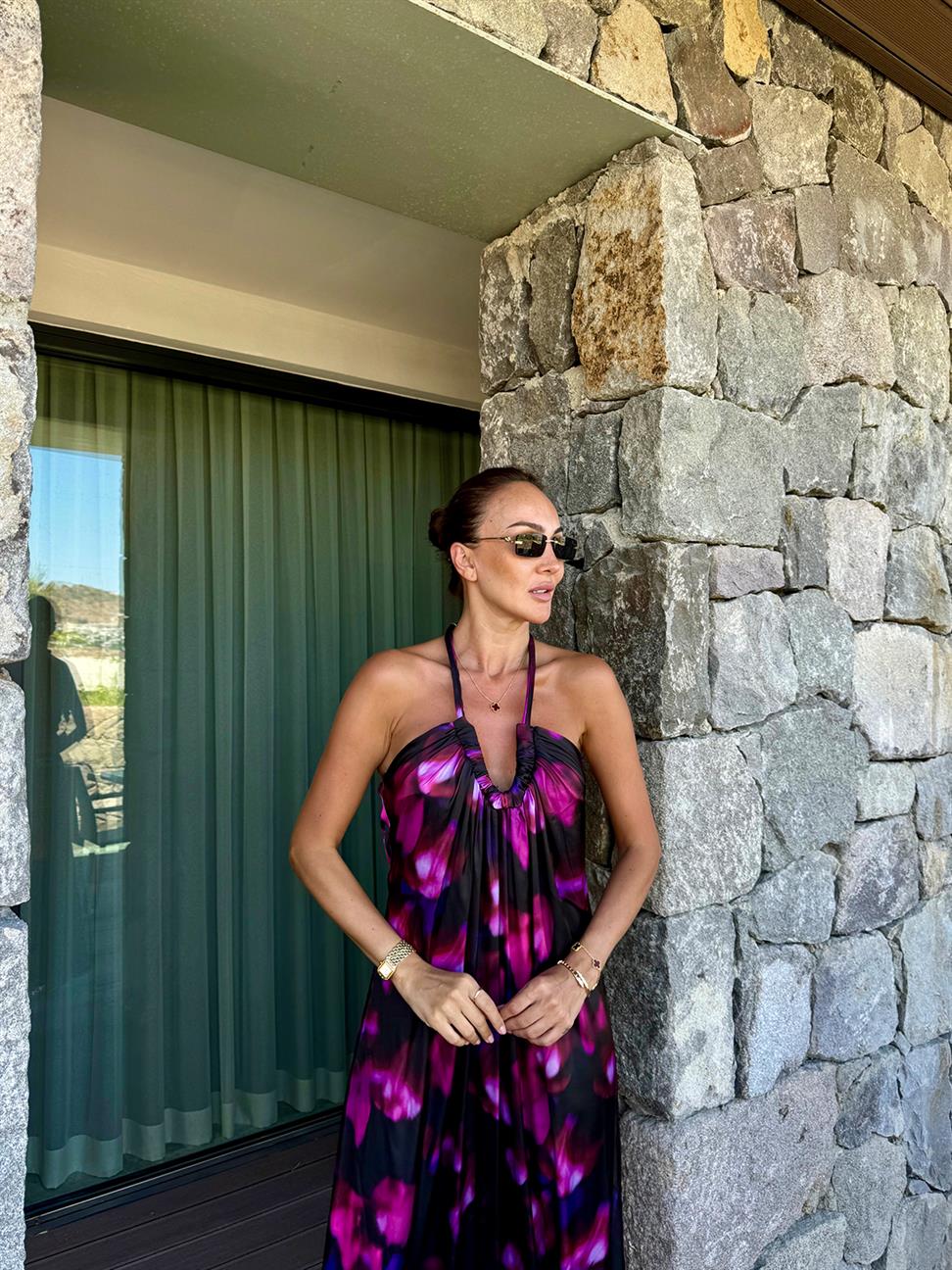 Siyah Mor Desenli Maxi Elbise