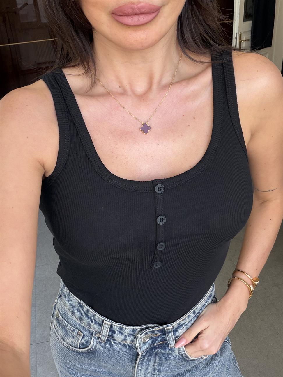 Siyah Önden Düğmeli Atlet Bluz