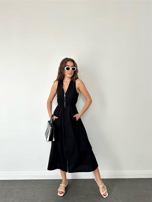 Siyah Önden Fermuarlı Beli Lastikli Elbise