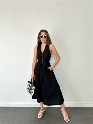 Siyah Önden Fermuarlı Beli Lastikli Elbise