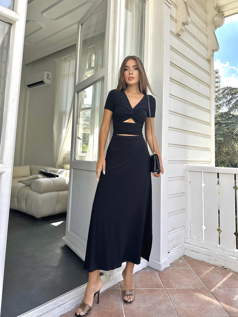 Siyah  Önden Pencereli Kadın Elbise