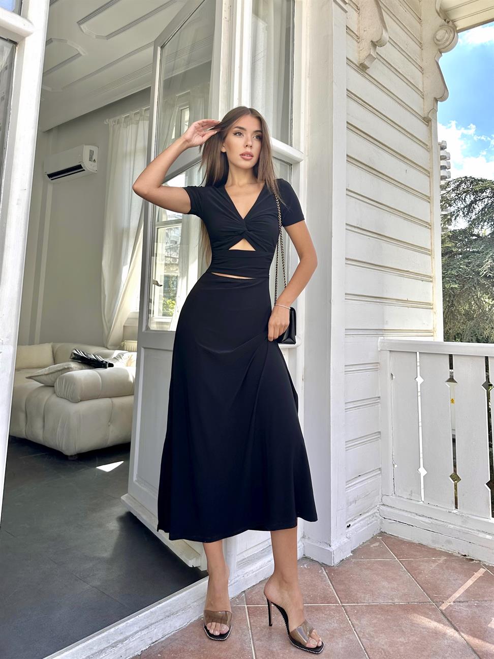 Siyah  Önden Pencereli Kadın Elbise