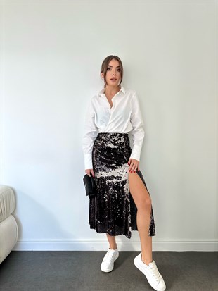 Siyah Önden Yırtmaçlı Pulpayet Etek