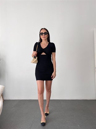 Siyah  Önü Büzgü Detay V Yakalı Mini Elbise