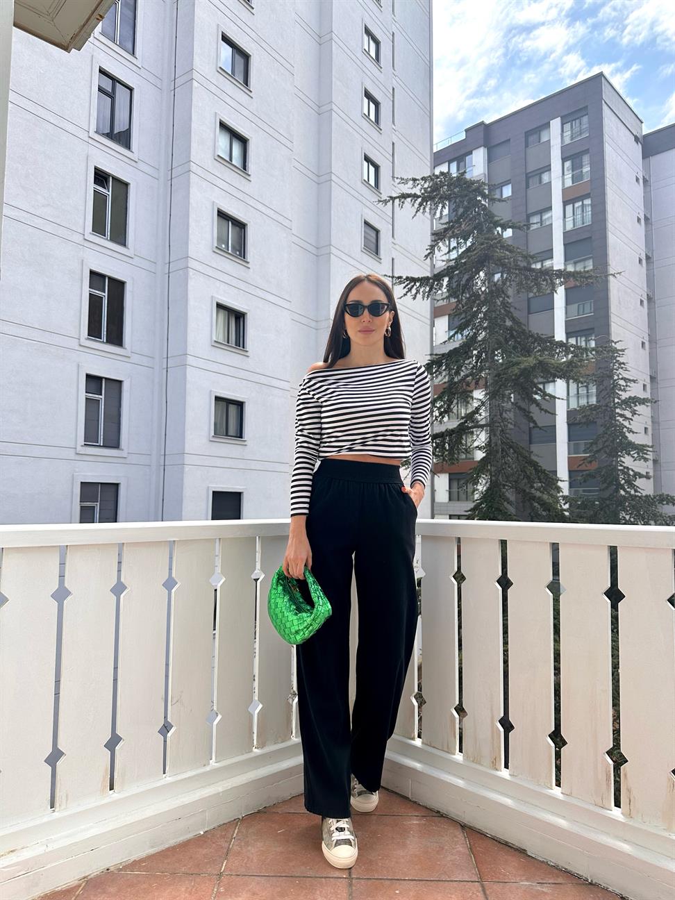 Siyah Örgü Kemer Gabardin Pantolon