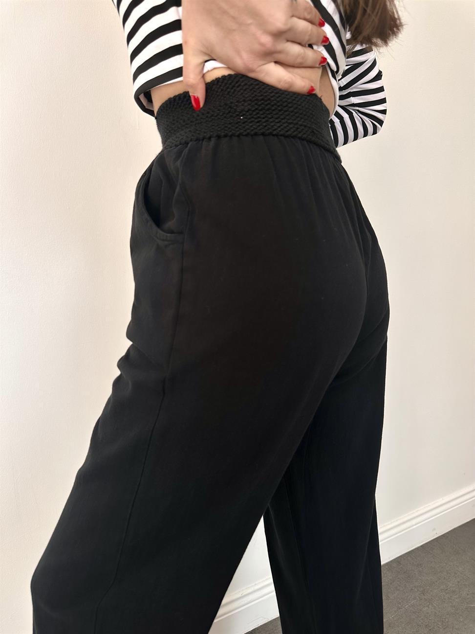 Siyah Örgü Kemer Gabardin Pantolon