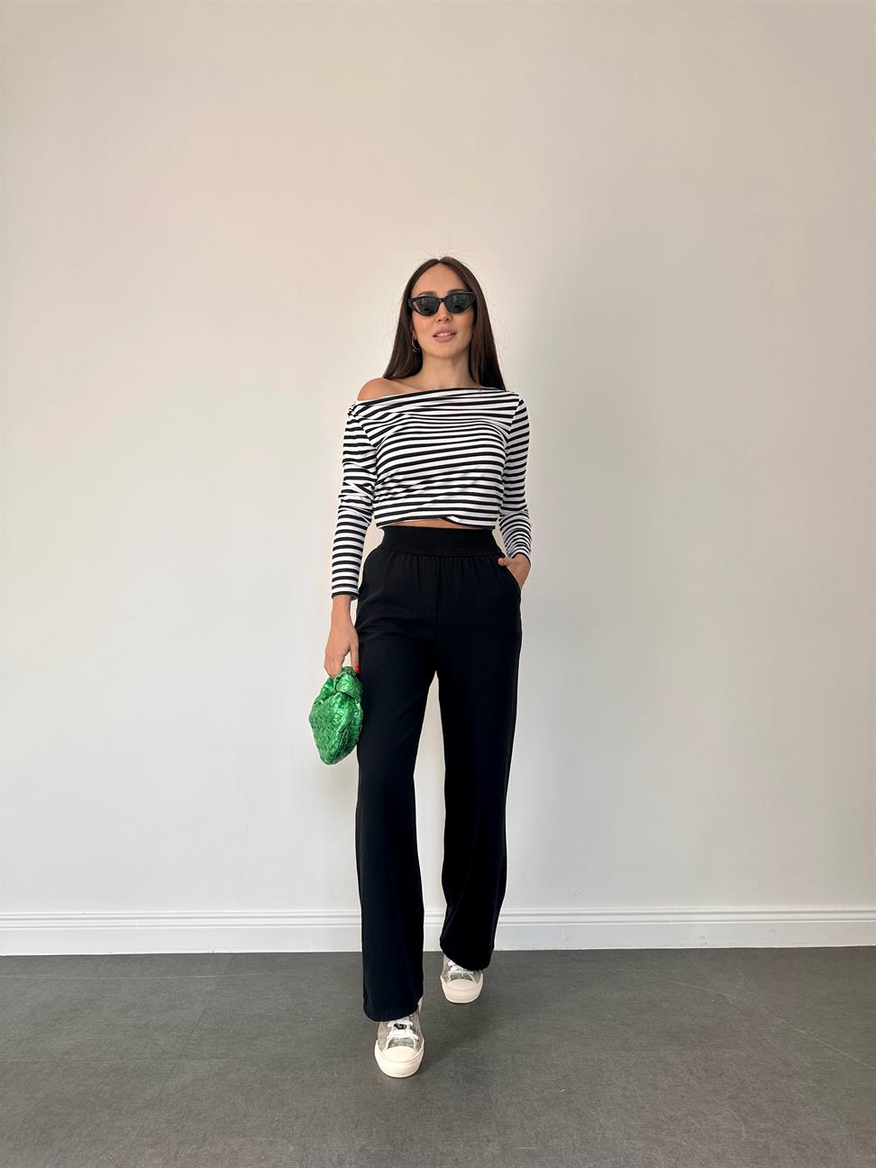 Siyah Örgü Kemer Gabardin Pantolon