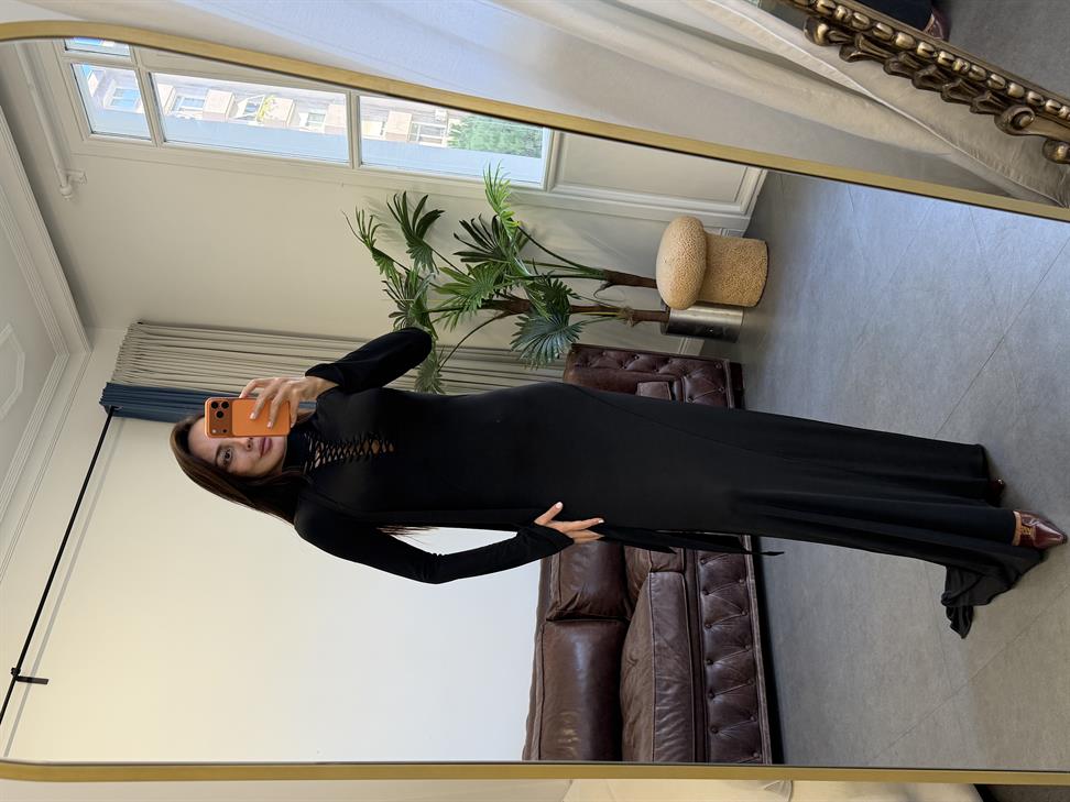 Siyah Kuşgözü Detaylı Premium Maxi Boy Elbise