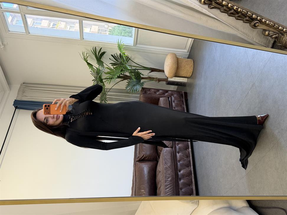 Siyah Kuşgözü Detaylı Premium Maxi Boy Elbise