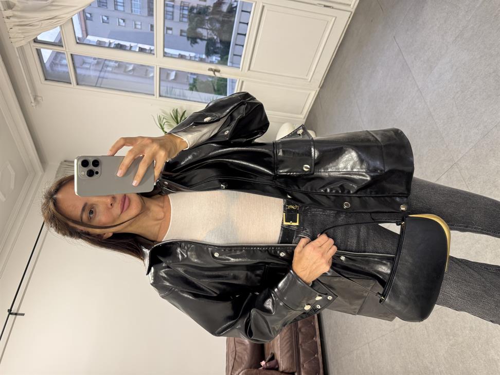 Siyah Parlak 2 Cepli Deri Ceket