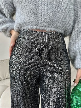 Siyah Payet İşlemeli Kumaş Pantolon