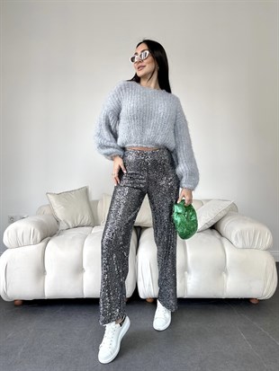 Siyah Payet İşlemeli Kumaş Pantolon