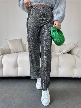 Siyah Payet İşlemeli Kumaş Pantolon