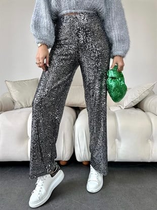 Siyah Payet İşlemeli Kumaş Pantolon