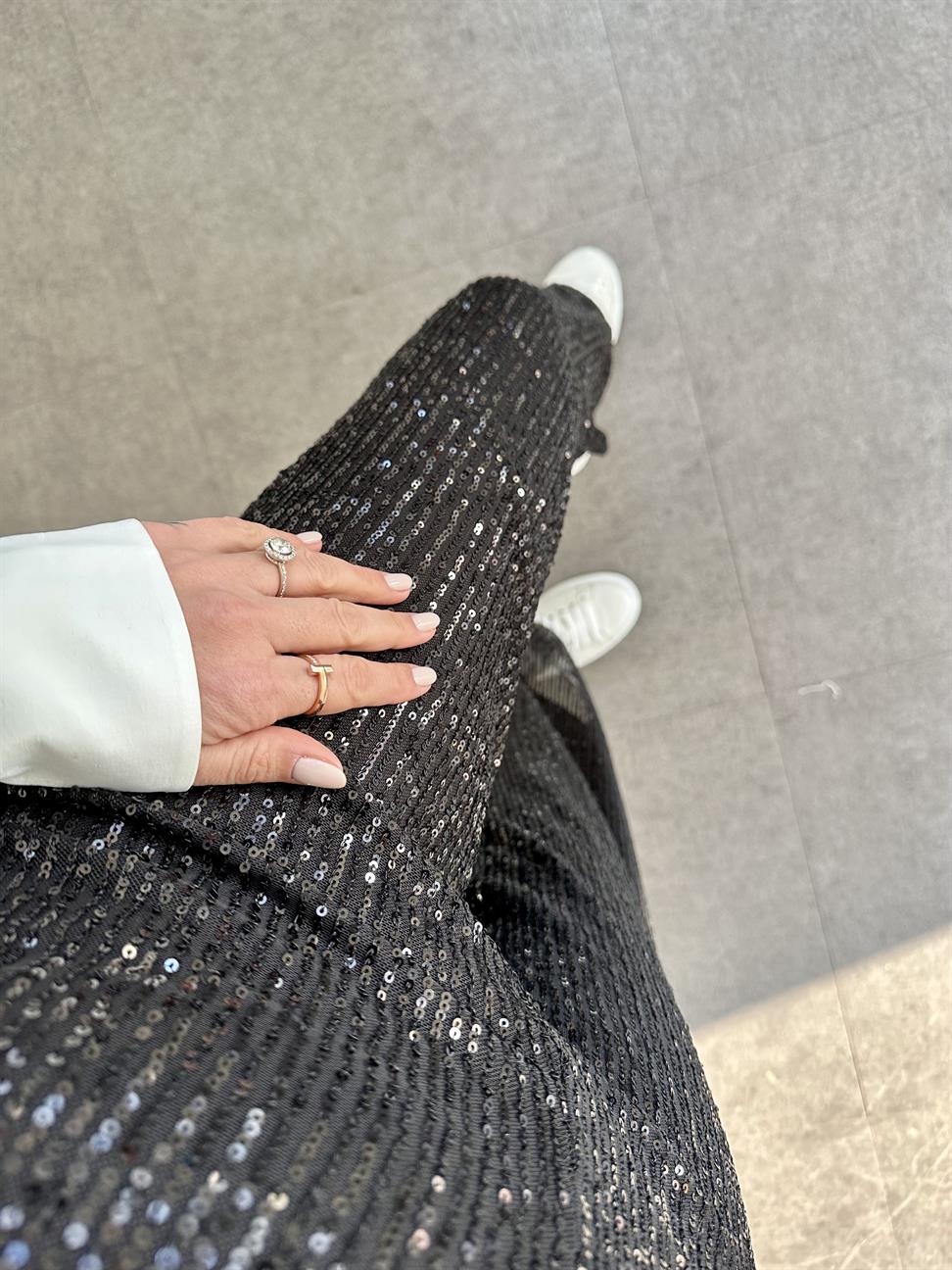 Siyah Payetli Bol Paça Pantolon