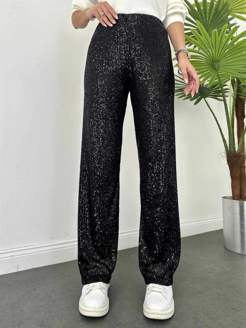 Siyah Payetli Bol Paça Pantolon