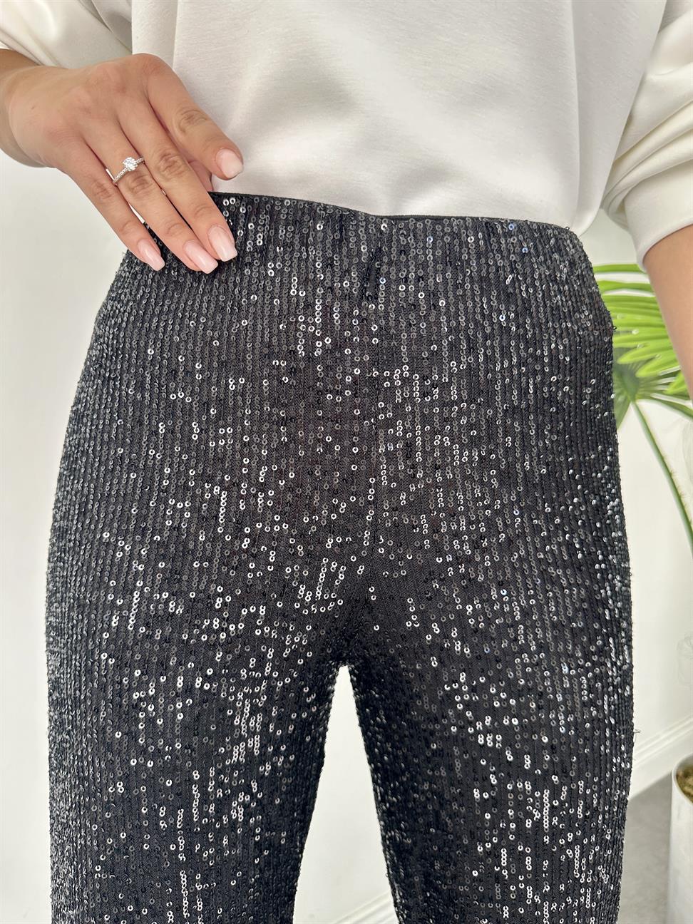 Siyah Payetli Bol Paça Pantolon