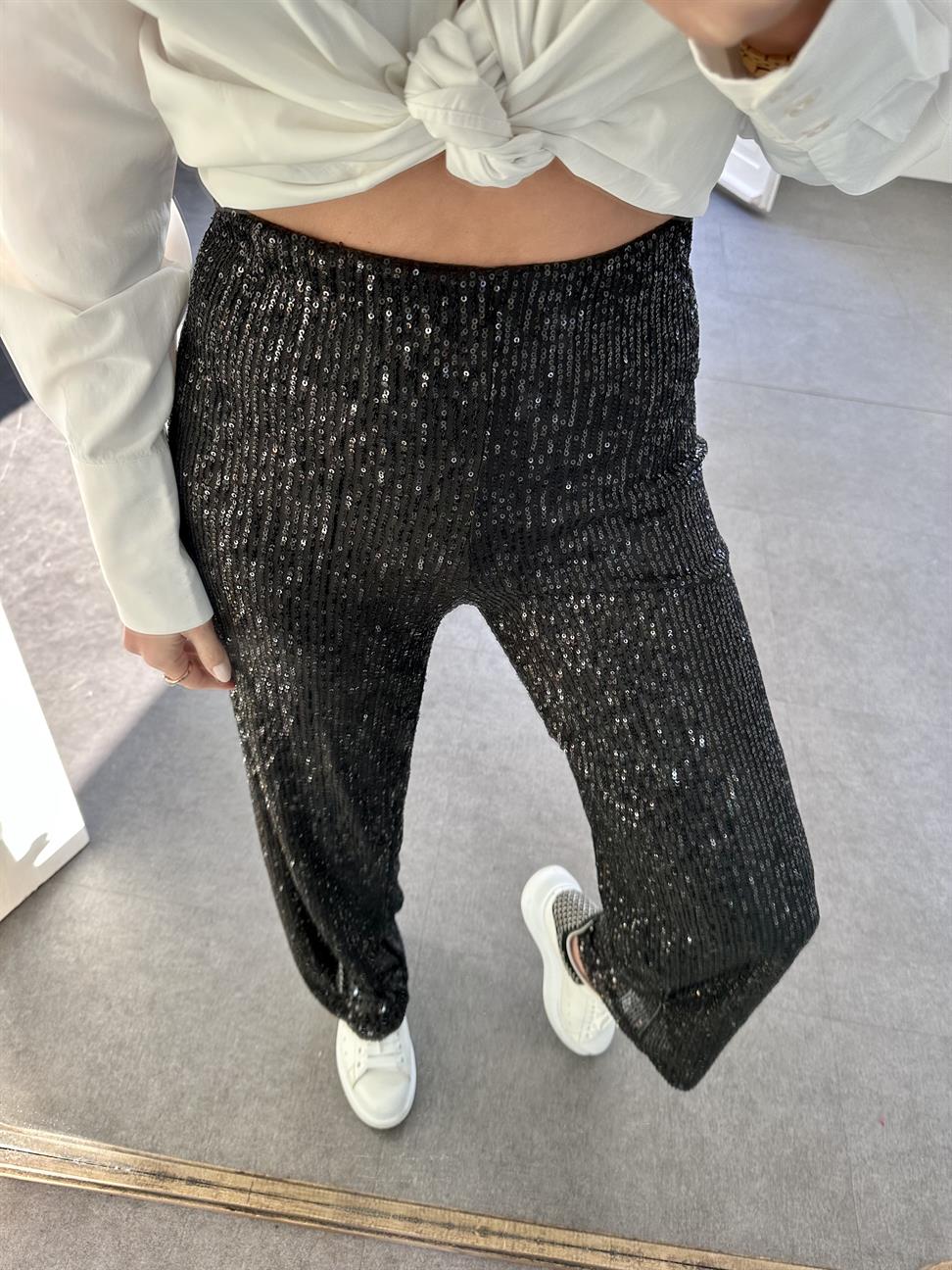 Siyah Payetli Bol Paça Pantolon