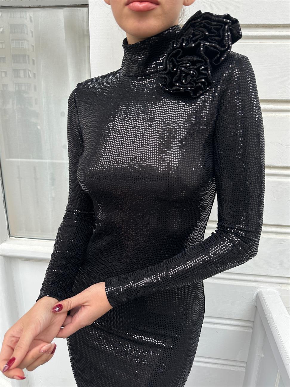 Siyah Payetli Çiçek Detaylı Elbise