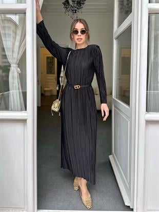 Siyah Pilise Midi Boy Kadın Elbise