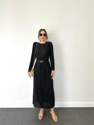 Siyah Pilise Midi Boy Kadın Elbise