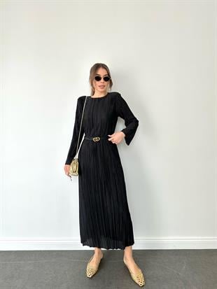 Siyah Pilise Midi Boy Kadın Elbise