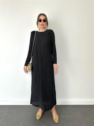 Siyah Pilise Midi Boy Kadın Elbise