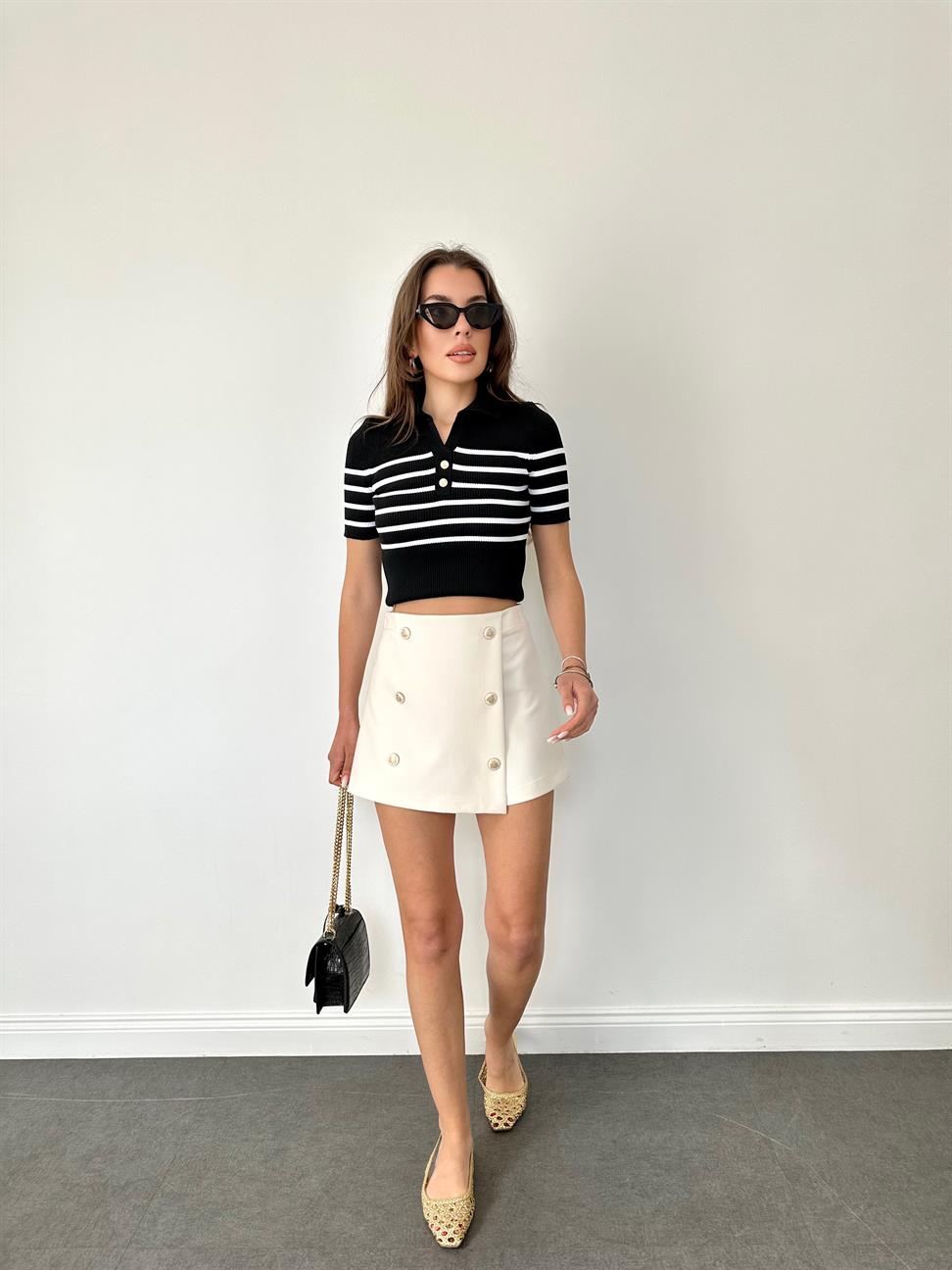 Siyah Polo Yaka Çizgili Örme Bluz