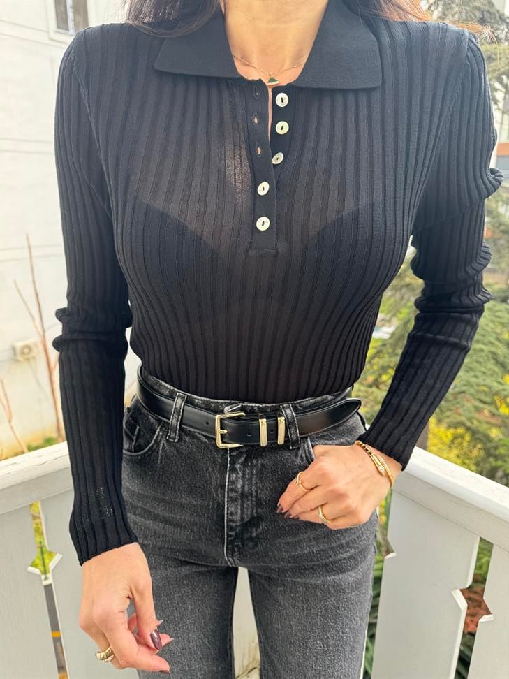 Siyah Polo Yaka Düğmeli İnce Triko Kazak