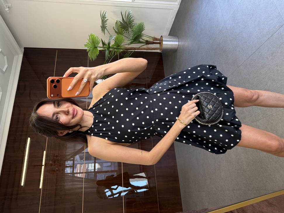 Siyah Puantiyeli Mini Balon Elbise