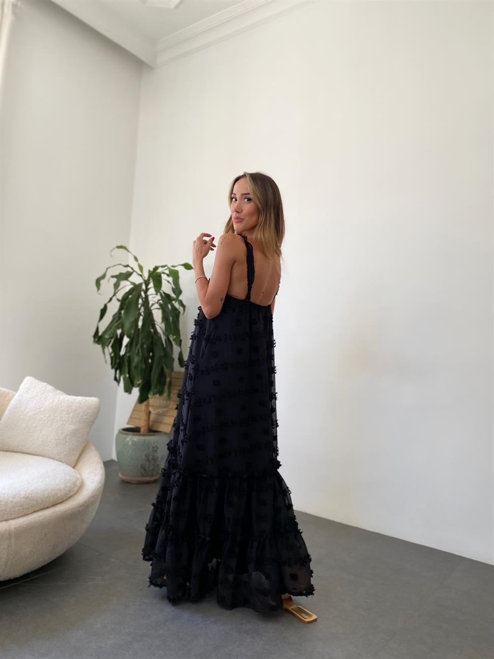 Siyah Rose İp Askılı Elbise