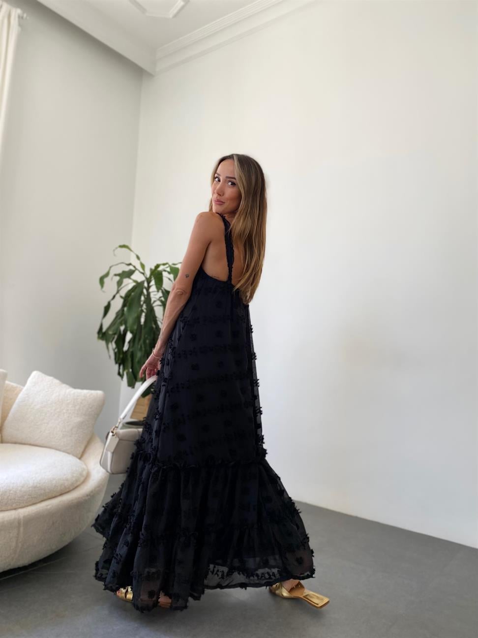 Siyah Rose İp Askılı Elbise