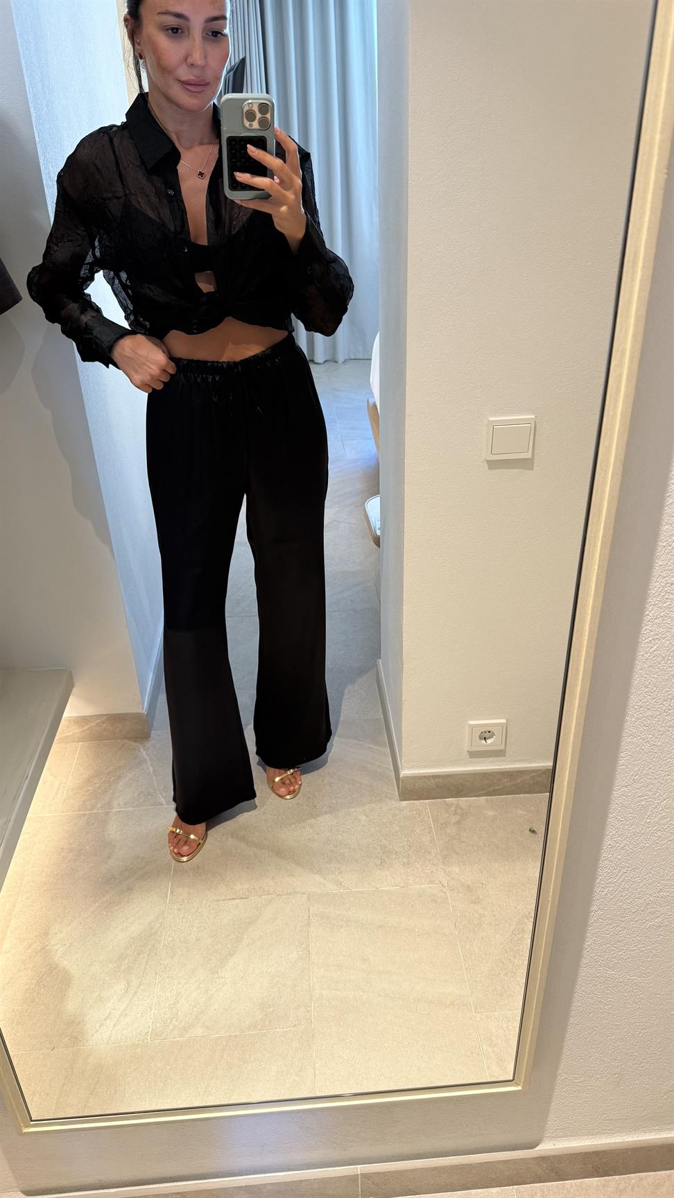 Siyah Saten Bağcıklı Kumaş Pantolon