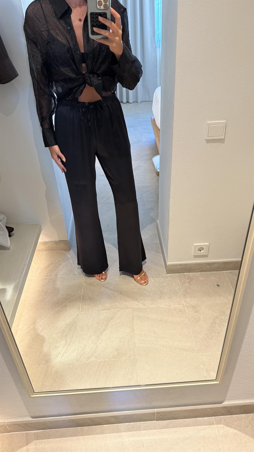 Siyah Saten Bağcıklı Kumaş Pantolon