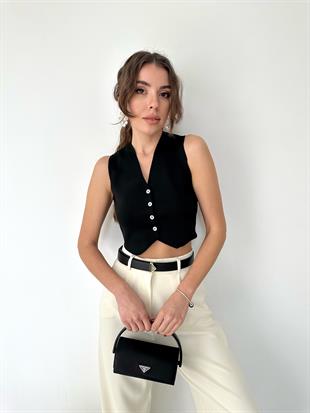 Siyah Sedef Düğmeli Bluz